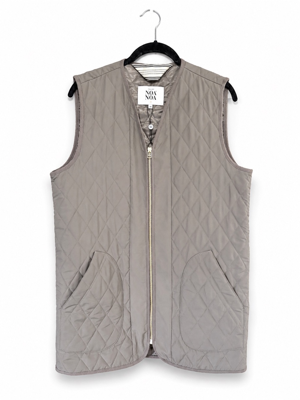 Noa Noa Quilted Long Vest EU 36 Taupe Zip Front NWOT